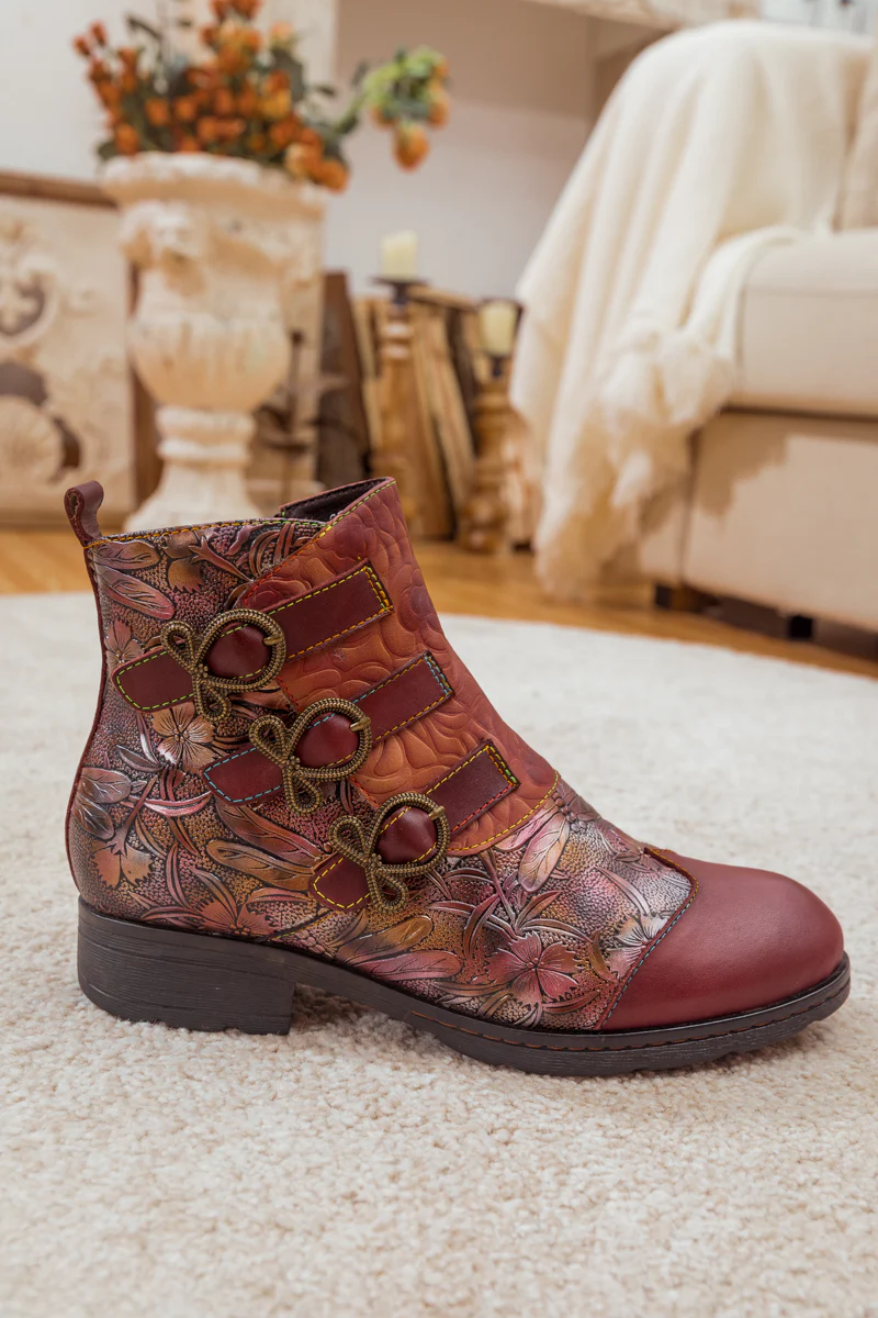 Soffia | Rose Garden Embossed Leather Strap Boot - claret - Image 9