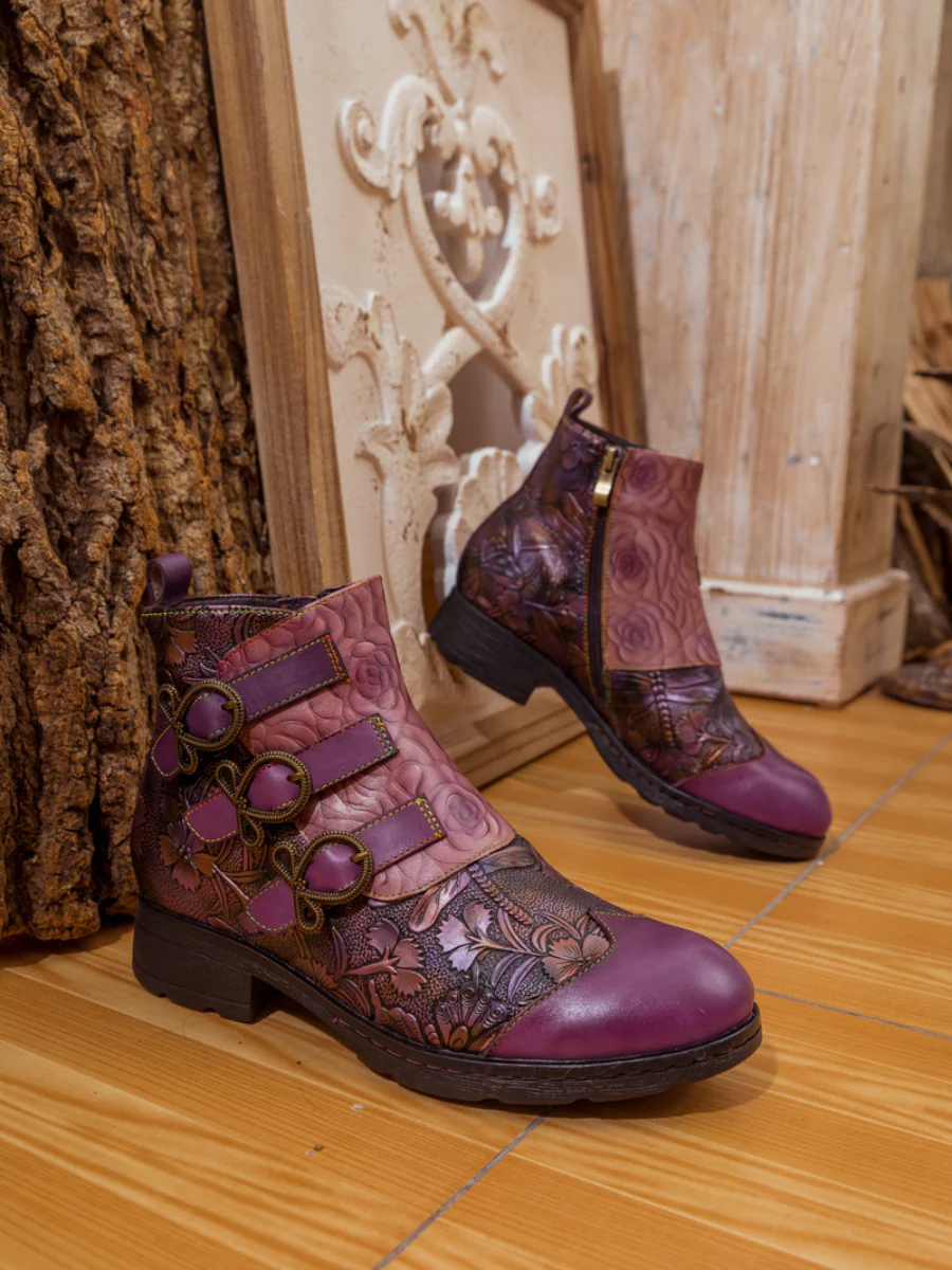 Soffia | Rose Garden Embossed Leather Strap Boot - purple