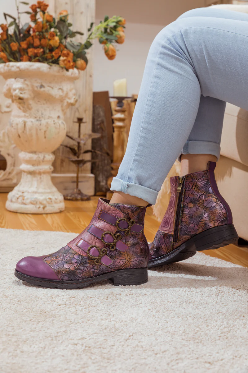 Soffia | Rose Garden Embossed Leather Strap Boot - purple - Image 10