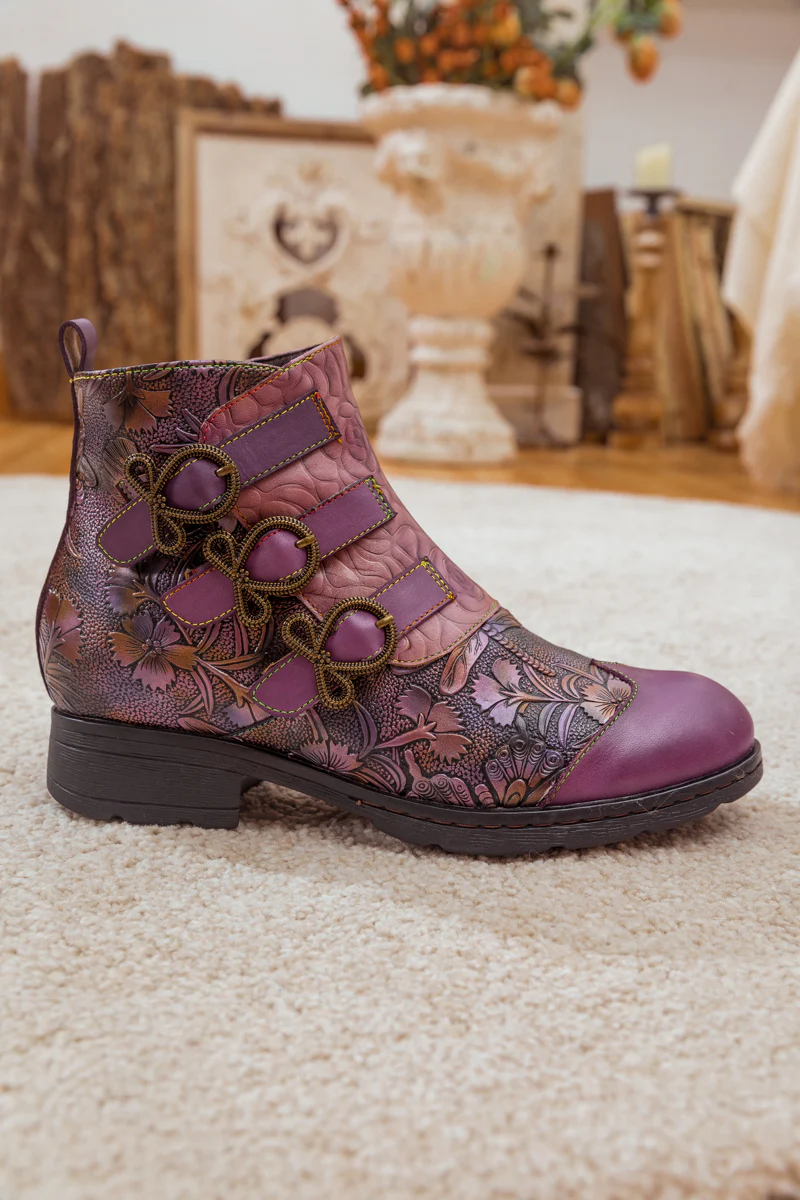 Soffia | Rose Garden Embossed Leather Strap Boot - purple - Image 3