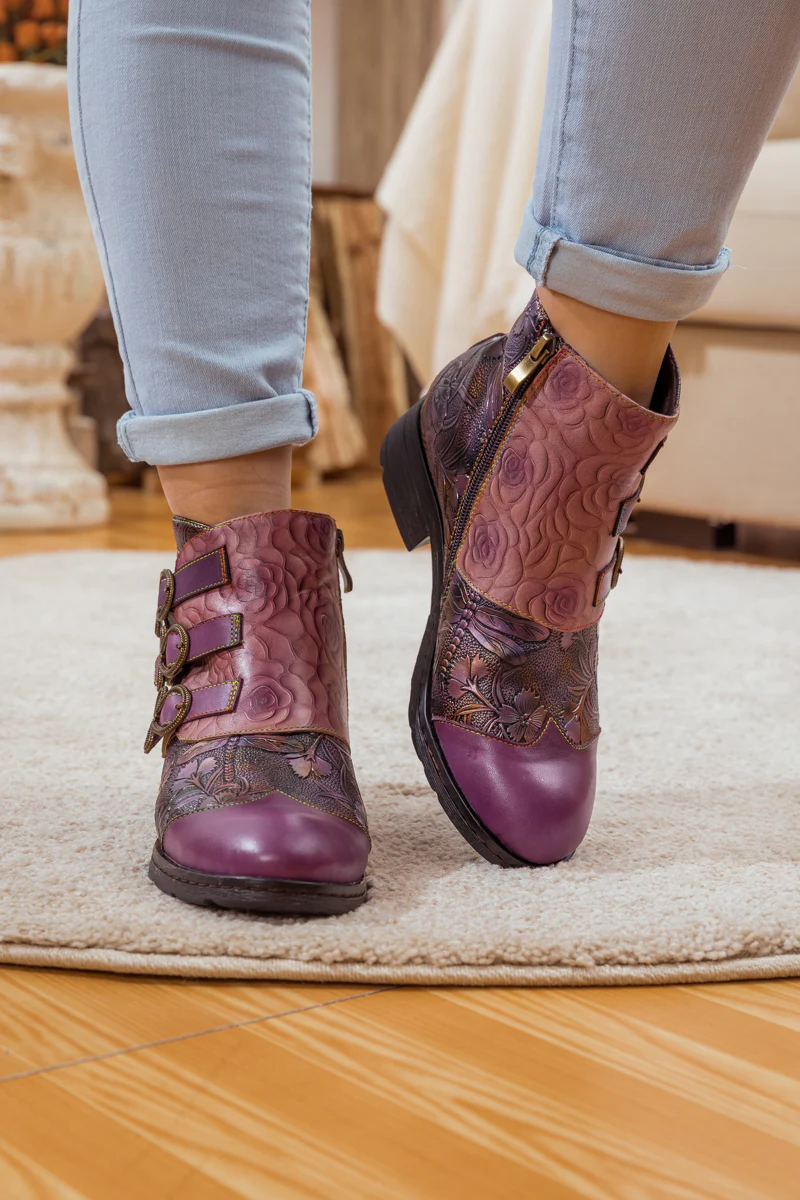 Soffia | Rose Garden Embossed Leather Strap Boot - purple - Image 5
