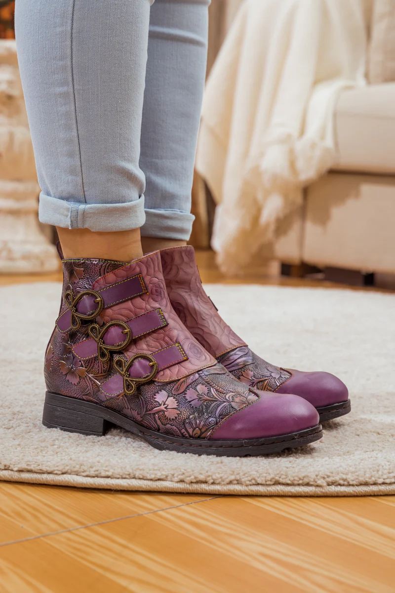 Soffia | Rose Garden Embossed Leather Strap Boot - purple - Image 6