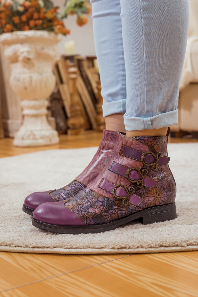 Soffia | Rose Garden Embossed Leather Strap Boot - purple - Image 7