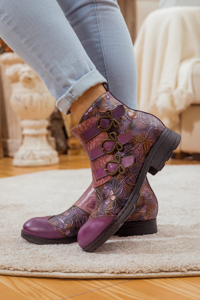 Soffia | Rose Garden Embossed Leather Strap Boot - purple - Image 8