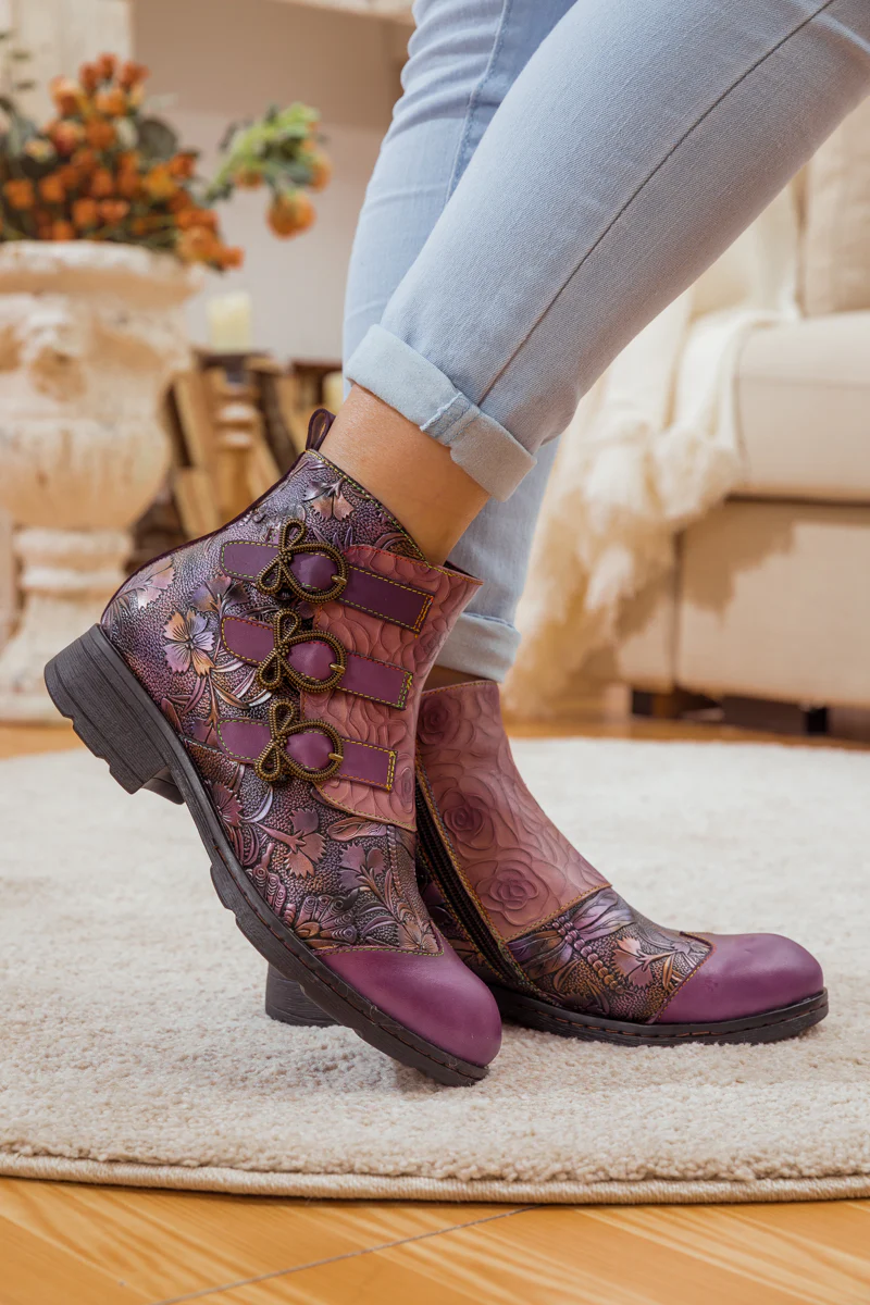 Soffia | Rose Garden Embossed Leather Strap Boot - purple - Image 9
