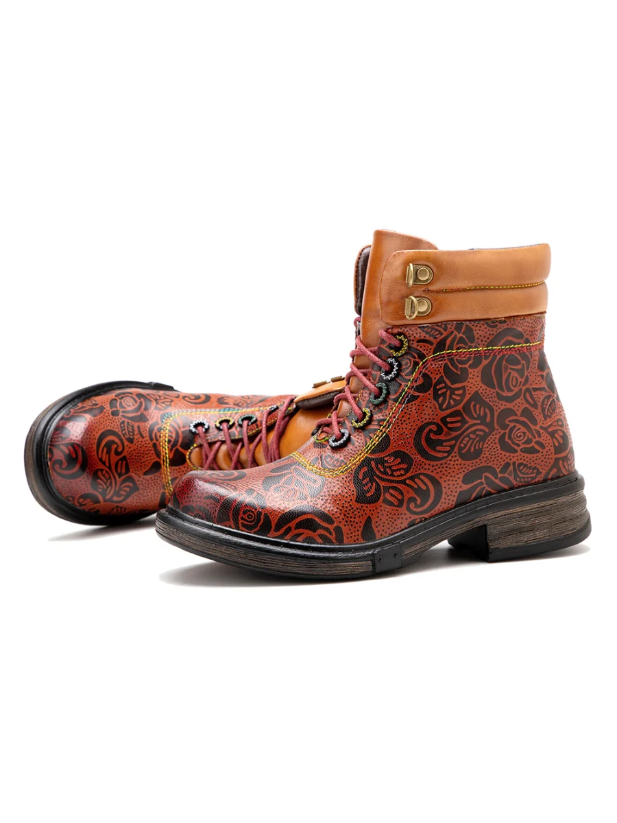 SOFFIA | Genuine Leather Rose Leaf Printed Lace Up Combat Boots - Image 10
