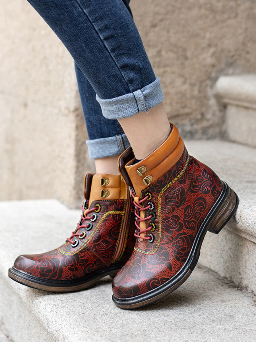 SOFFIA | Genuine Leather Rose Leaf Printed Lace Up Combat Boots - Image 2