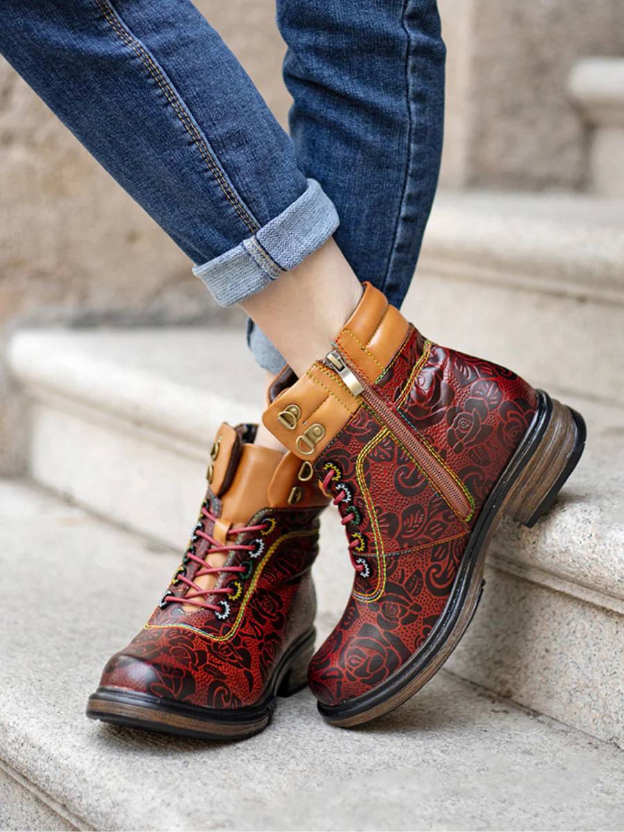 SOFFIA | Genuine Leather Rose Leaf Printed Lace Up Combat Boots - Image 3