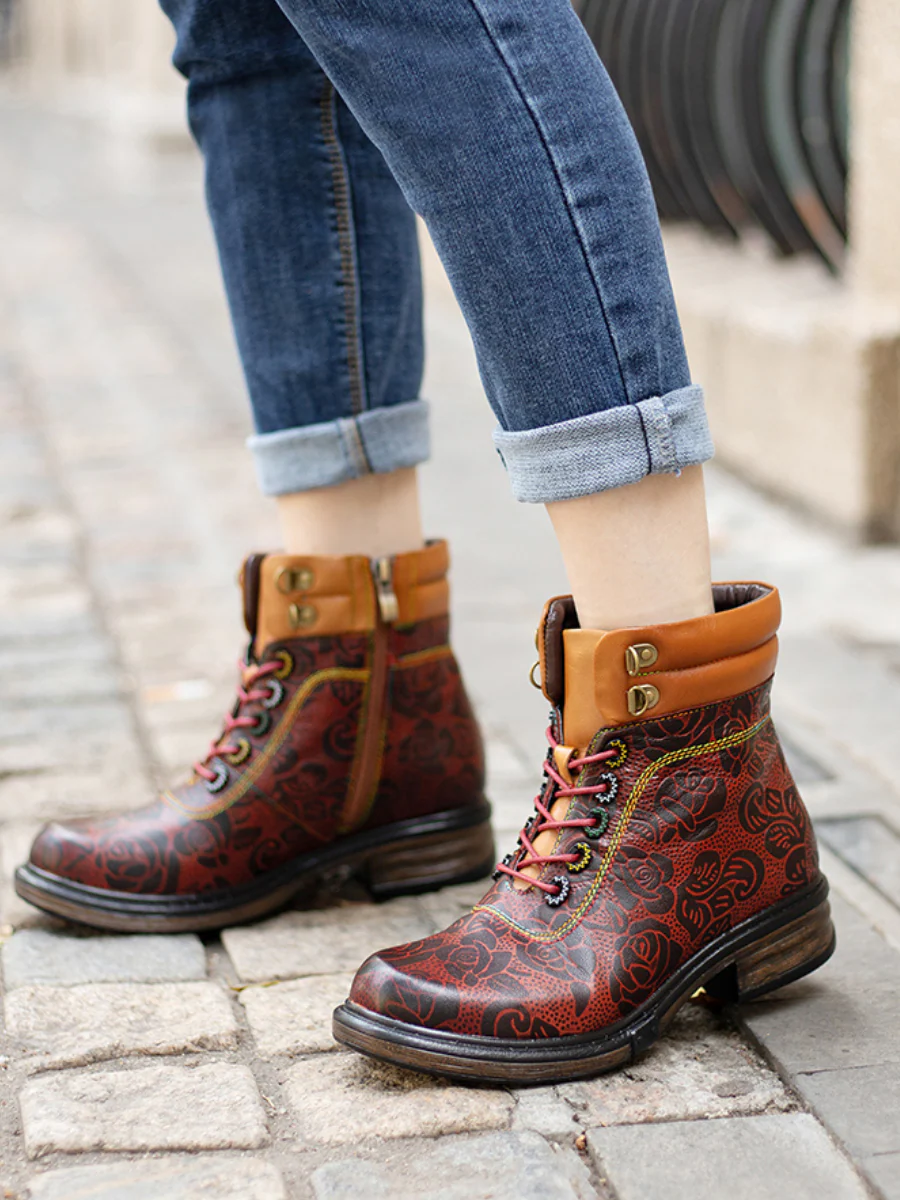 SOFFIA | Genuine Leather Rose Leaf Printed Lace Up Combat Boots - Image 4
