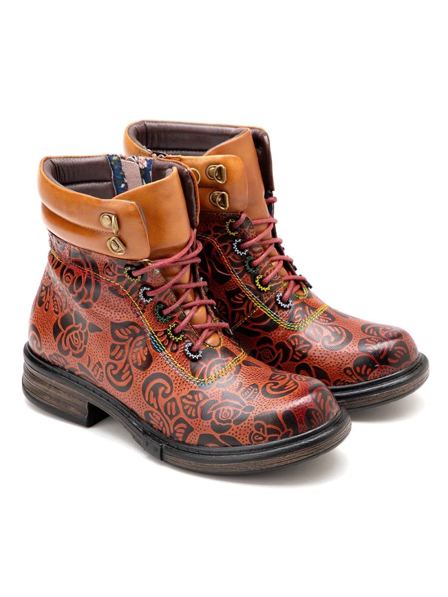 SOFFIA | Genuine Leather Rose Leaf Printed Lace Up Combat Boots - Image 5