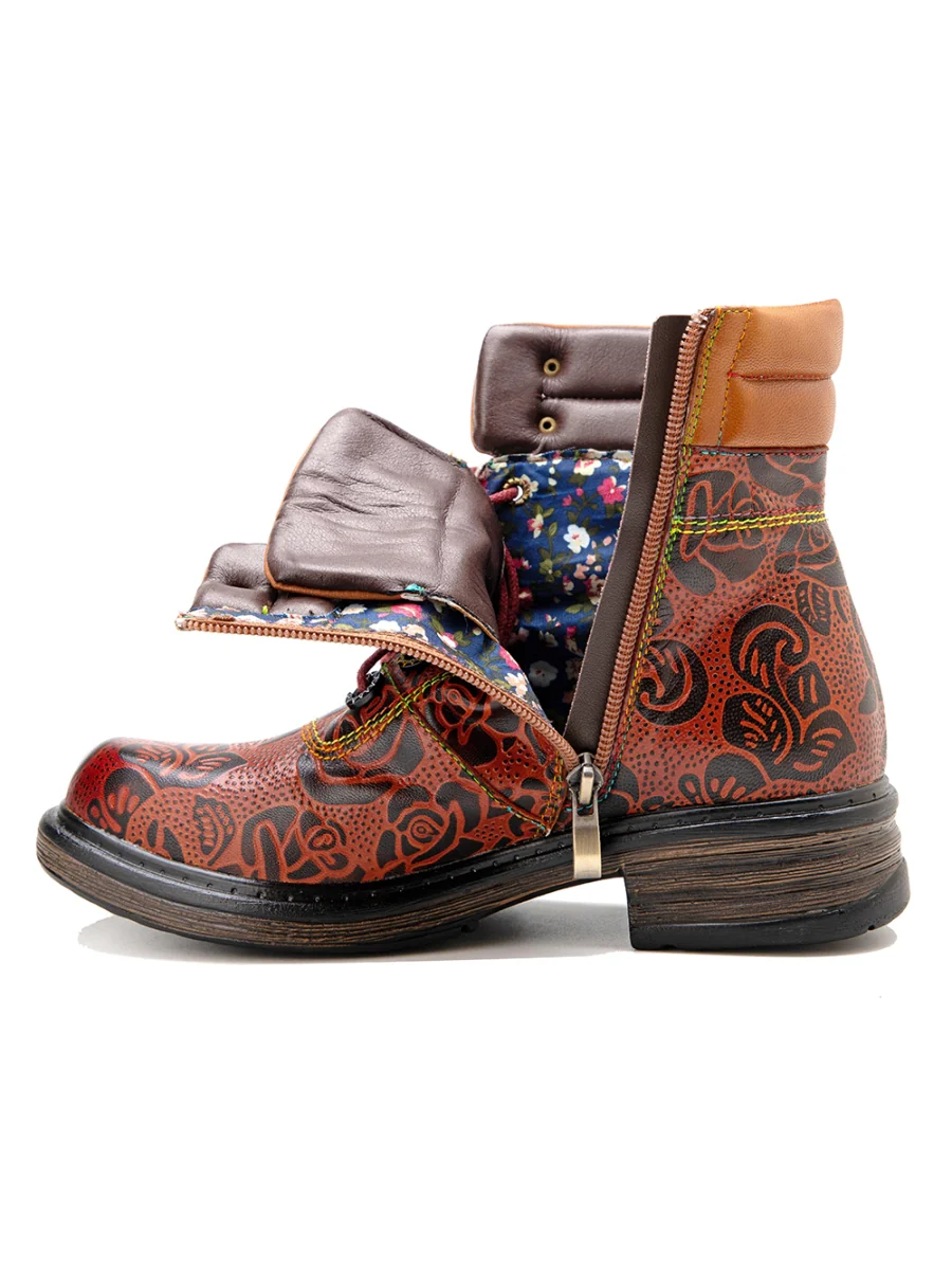 SOFFIA | Genuine Leather Rose Leaf Printed Lace Up Combat Boots - Image 6