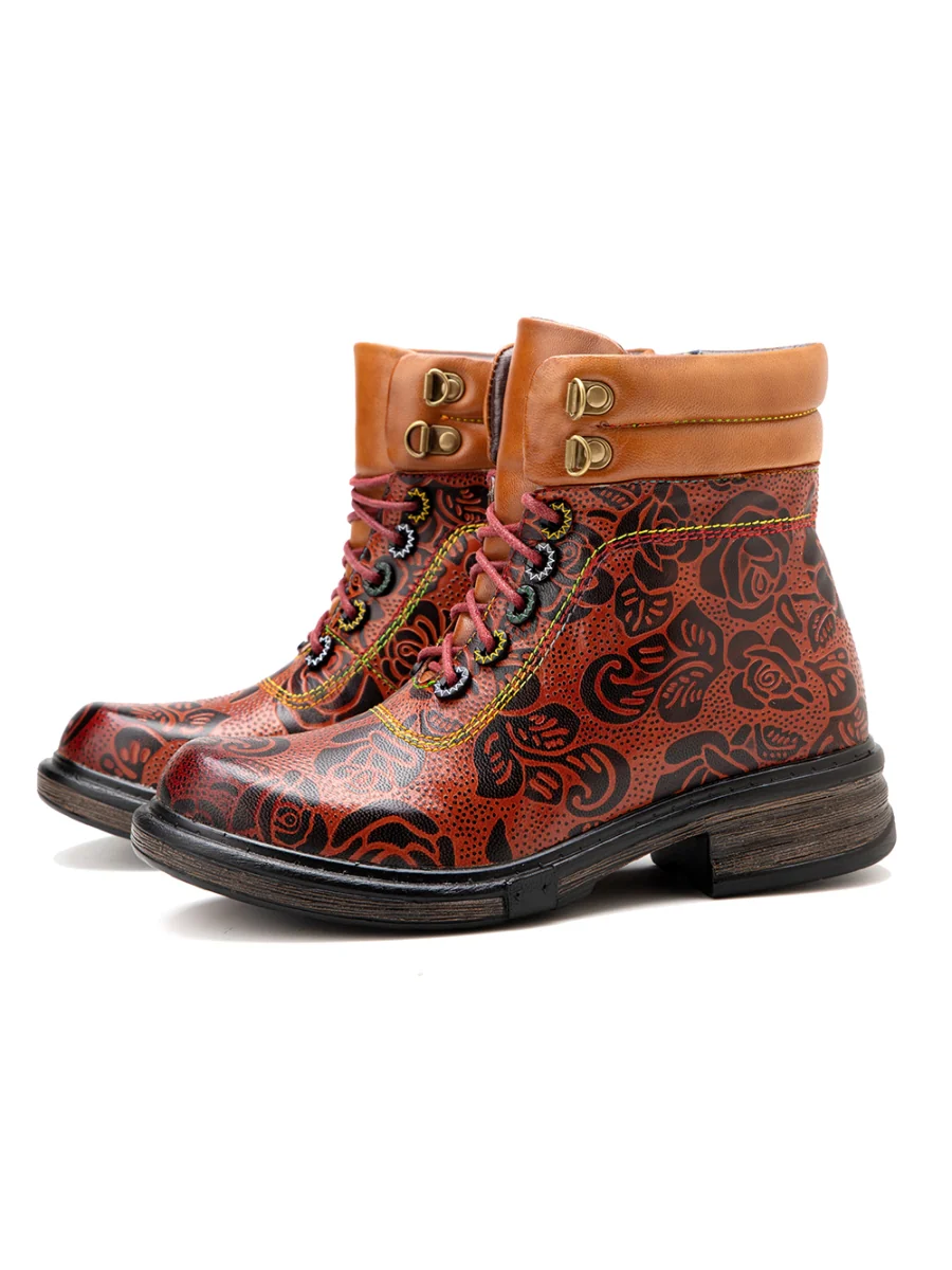 SOFFIA | Genuine Leather Rose Leaf Printed Lace Up Combat Boots - Image 7