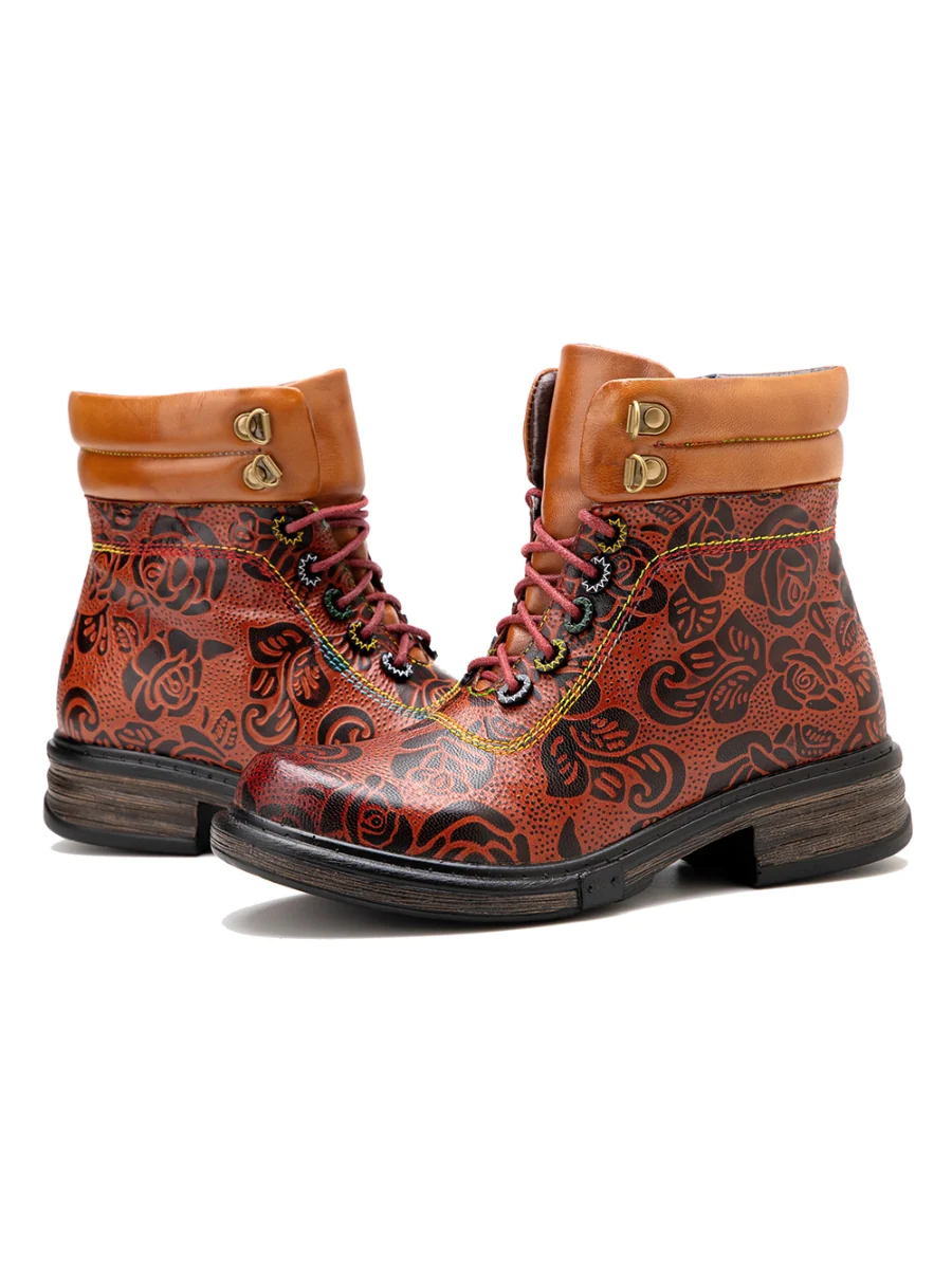 SOFFIA | Genuine Leather Rose Leaf Printed Lace Up Combat Boots - Image 8