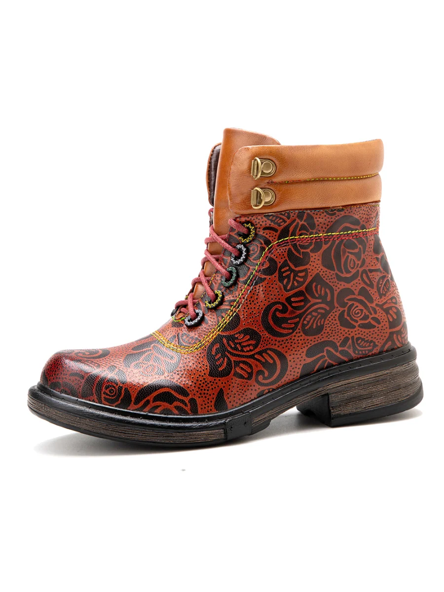 SOFFIA | Genuine Leather Rose Leaf Printed Lace Up Combat Boots - Image 9