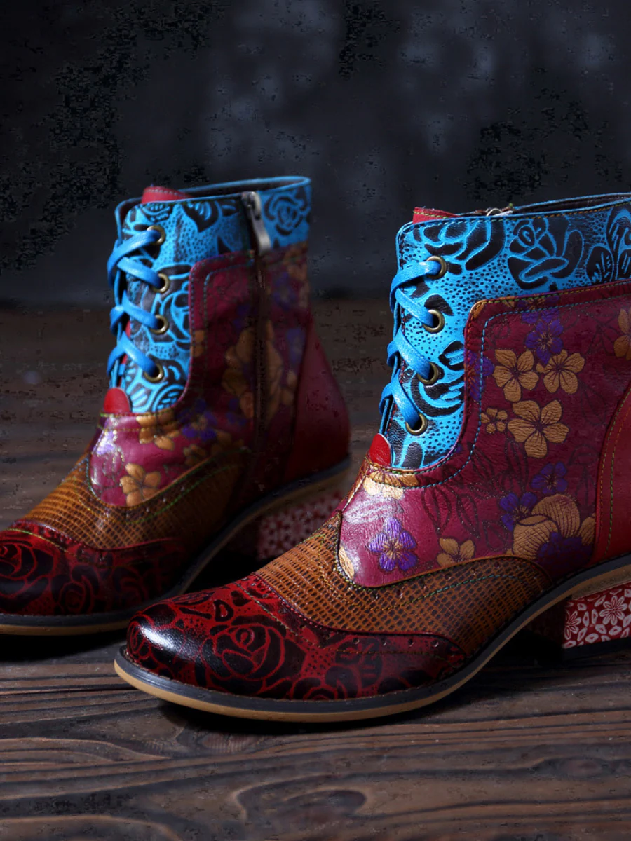 SOFFIA | Genuine Leather Rose vs Plum Blossom Lace-Up Mid-heel Ankle Boots - Image 3