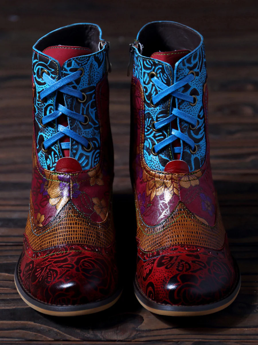SOFFIA | Genuine Leather Rose vs Plum Blossom Lace-Up Mid-heel Ankle Boots - Image 4