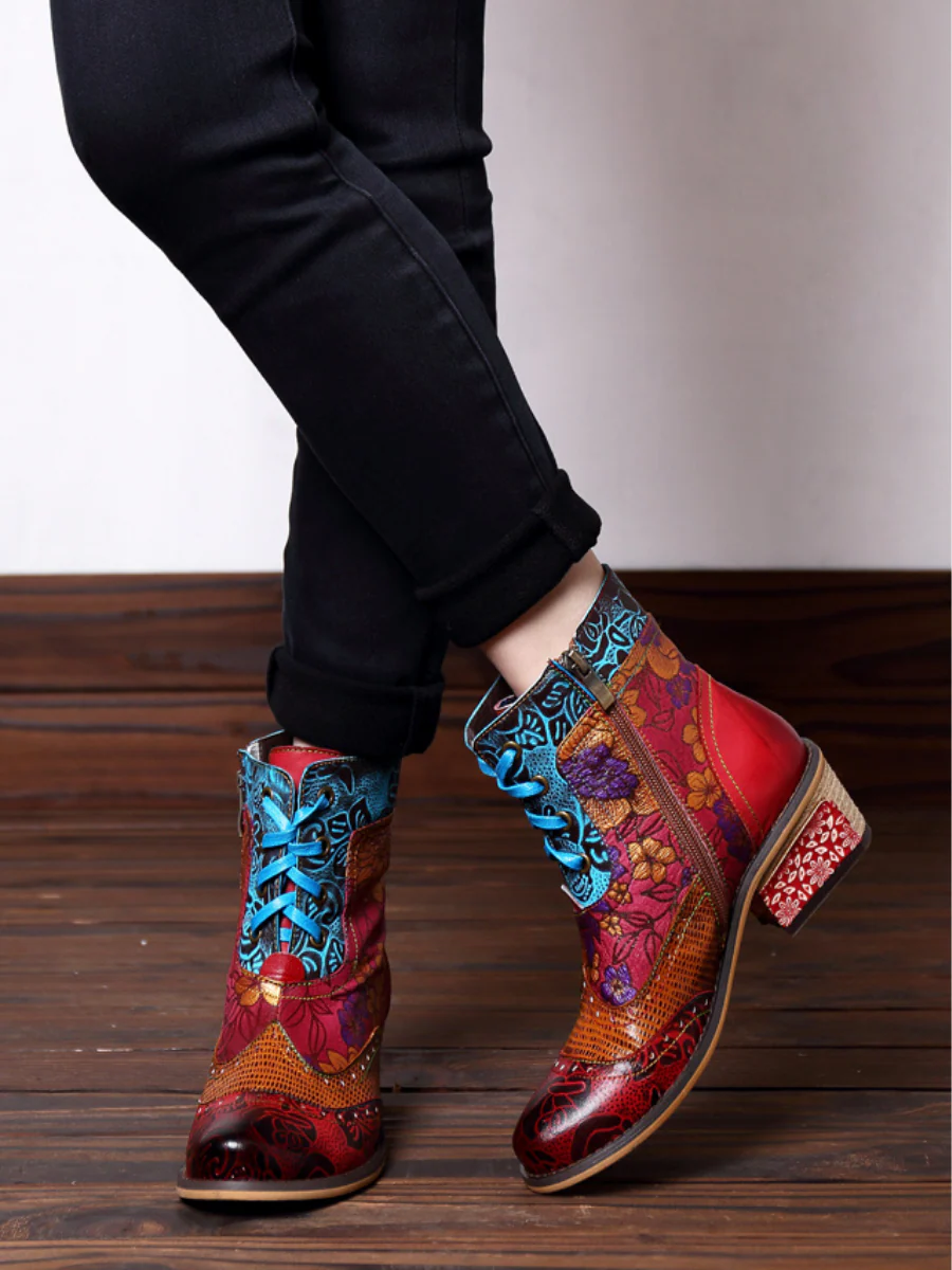 SOFFIA | Genuine Leather Rose vs Plum Blossom Lace-Up Mid-heel Ankle Boots - Image 5