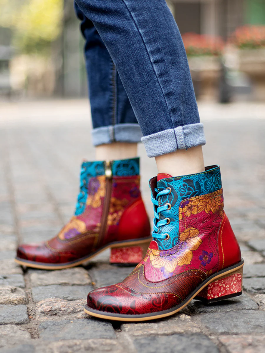 SOFFIA | Genuine Leather Rose vs Plum Blossom Lace-Up Mid-heel Ankle Boots - Image 6