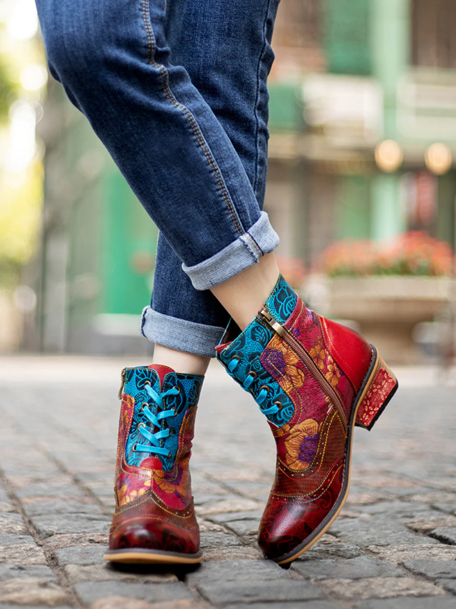 SOFFIA | Genuine Leather Rose vs Plum Blossom Lace-Up Mid-heel Ankle Boots - Image 7