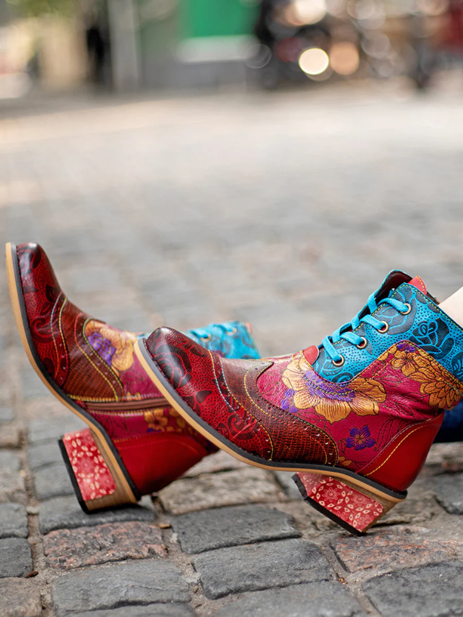 SOFFIA | Genuine Leather Rose vs Plum Blossom Lace-Up Mid-heel Ankle Boots - Image 8