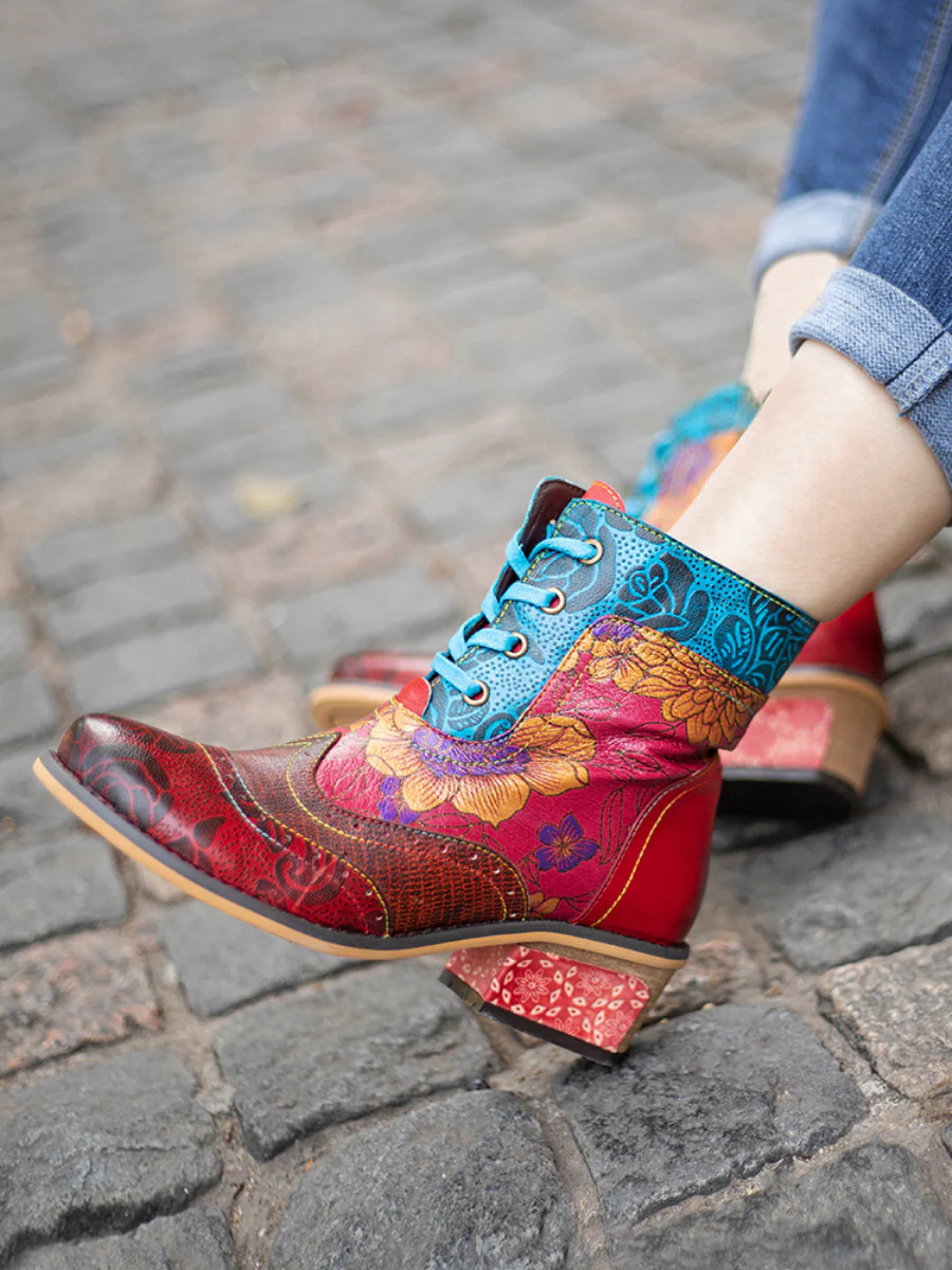 SOFFIA | Genuine Leather Rose vs Plum Blossom Lace-Up Mid-heel Ankle Boots - Image 9
