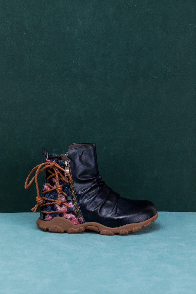 SOFFIA | RUCHED BLACK LEATHER COMBAT BOOT - Image 11