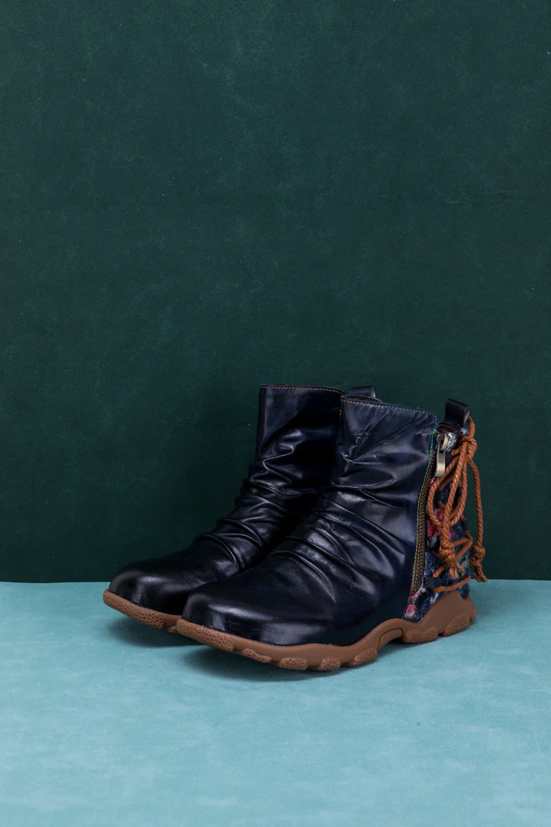 SOFFIA | RUCHED BLACK LEATHER COMBAT BOOT - Image 9
