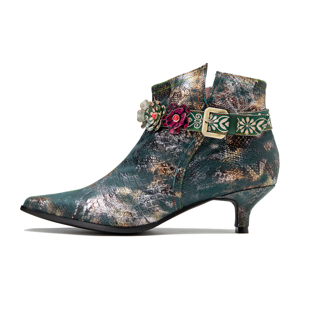 SOFFIA | SNAKE PATTERN EMBOSSED GREEN LEATHER KITTEN HEEL ANKLE BOOT - Image 10
