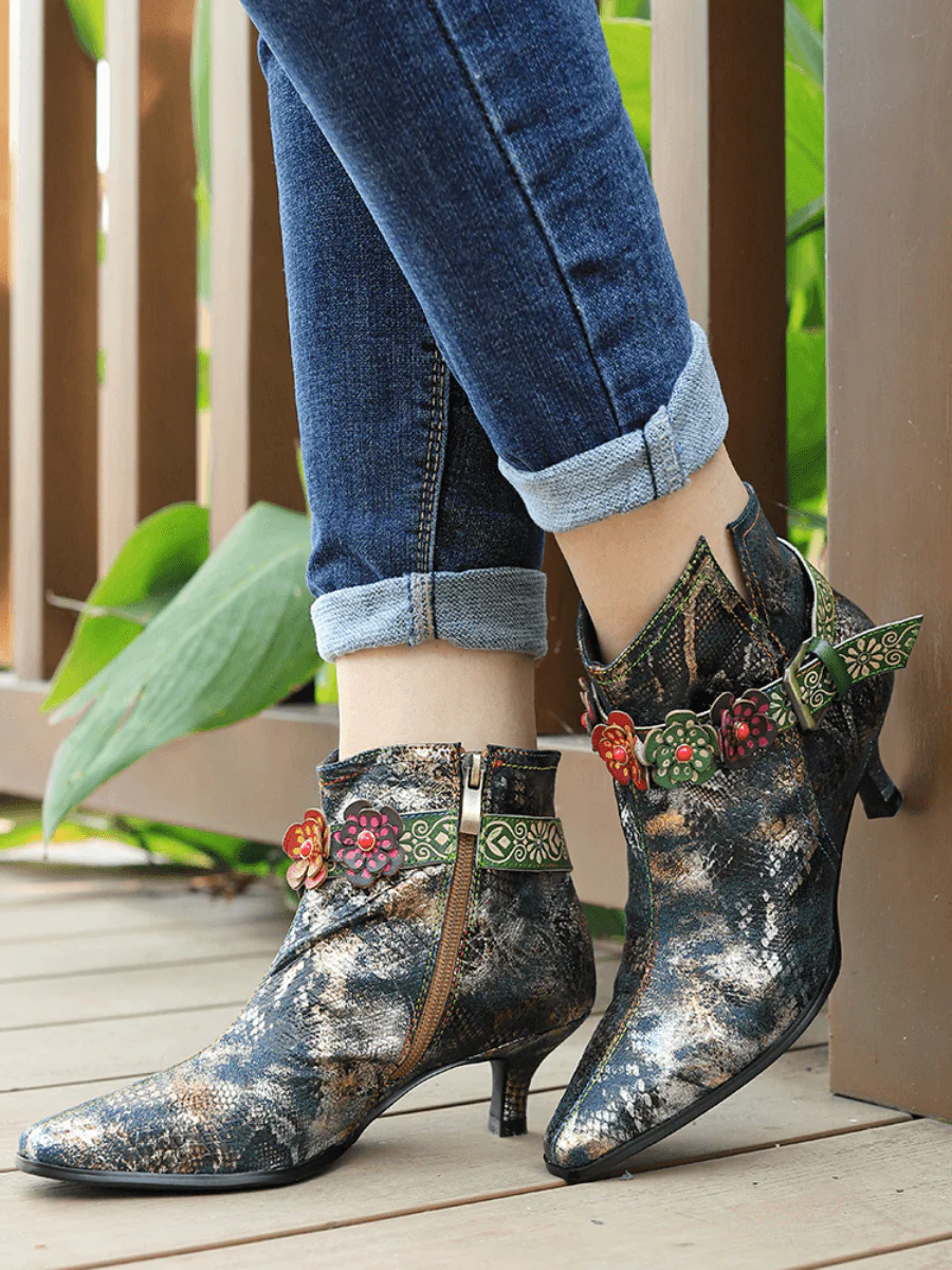 SOFFIA | SNAKE PATTERN EMBOSSED GREEN LEATHER KITTEN HEEL ANKLE BOOT - Image 2