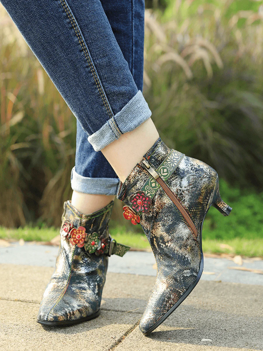 SOFFIA | SNAKE PATTERN EMBOSSED GREEN LEATHER KITTEN HEEL ANKLE BOOT - Image 3