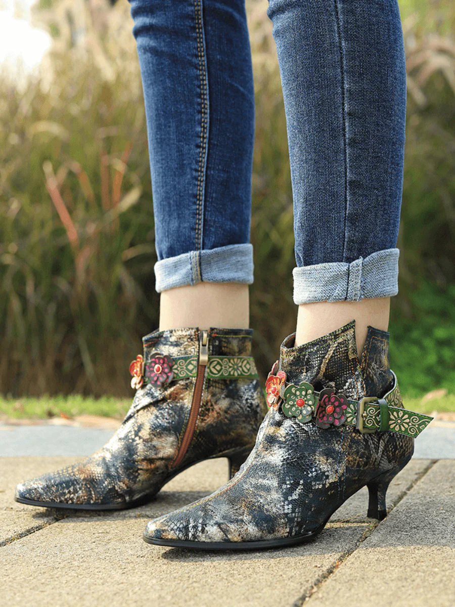 SOFFIA | SNAKE PATTERN EMBOSSED GREEN LEATHER KITTEN HEEL ANKLE BOOT - Image 4