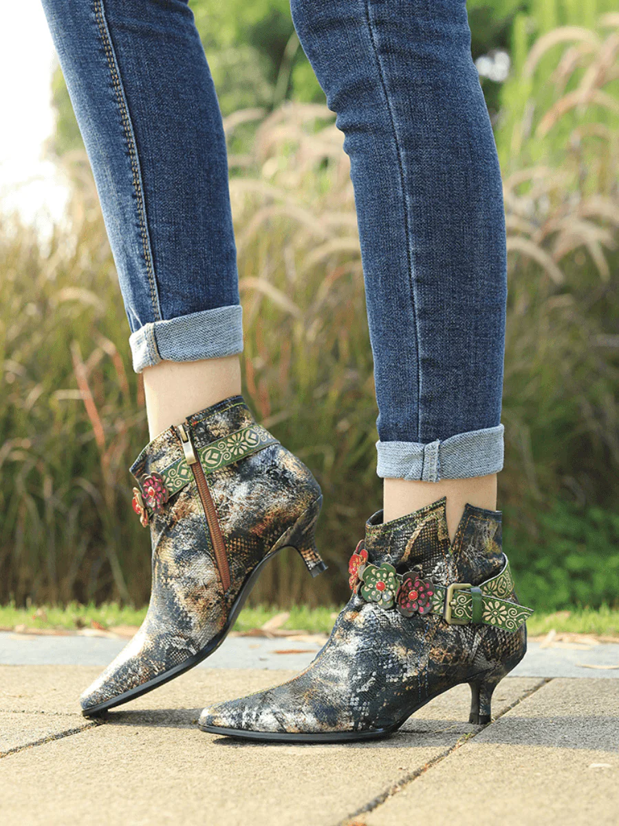 SOFFIA | SNAKE PATTERN EMBOSSED GREEN LEATHER KITTEN HEEL ANKLE BOOT - Image 5
