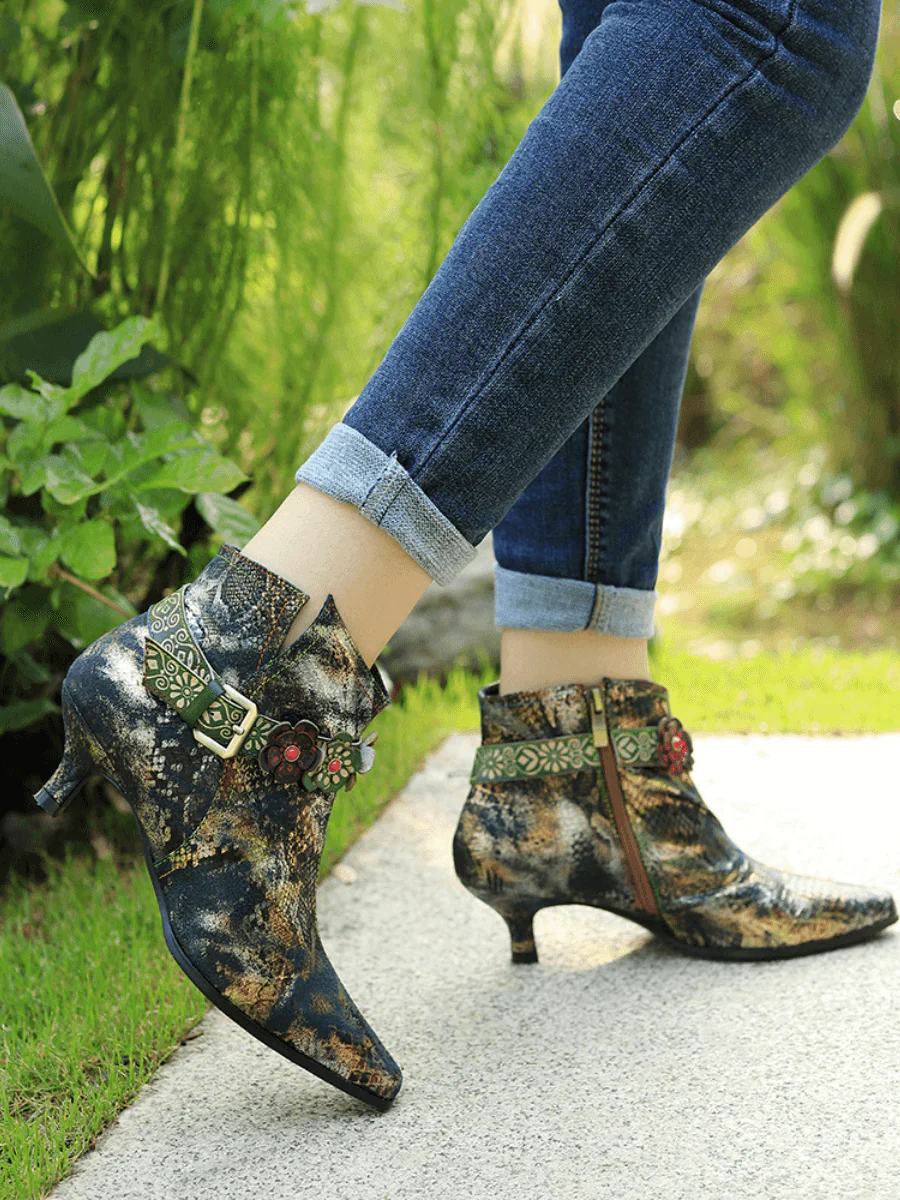 SOFFIA | SNAKE PATTERN EMBOSSED GREEN LEATHER KITTEN HEEL ANKLE BOOT - Image 6