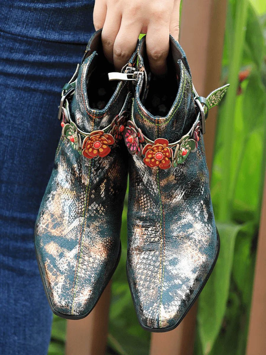 SOFFIA | SNAKE PATTERN EMBOSSED GREEN LEATHER KITTEN HEEL ANKLE BOOT - Image 7