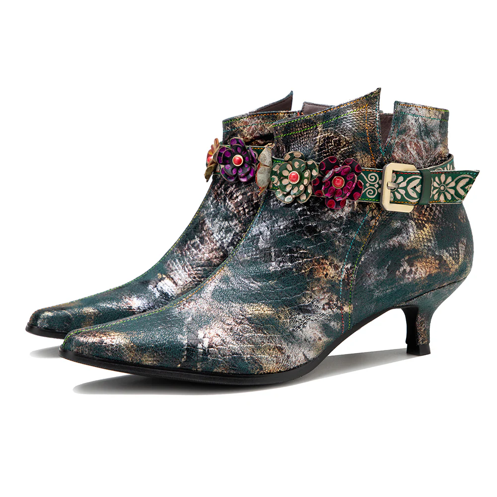 SOFFIA | SNAKE PATTERN EMBOSSED GREEN LEATHER KITTEN HEEL ANKLE BOOT - Image 8