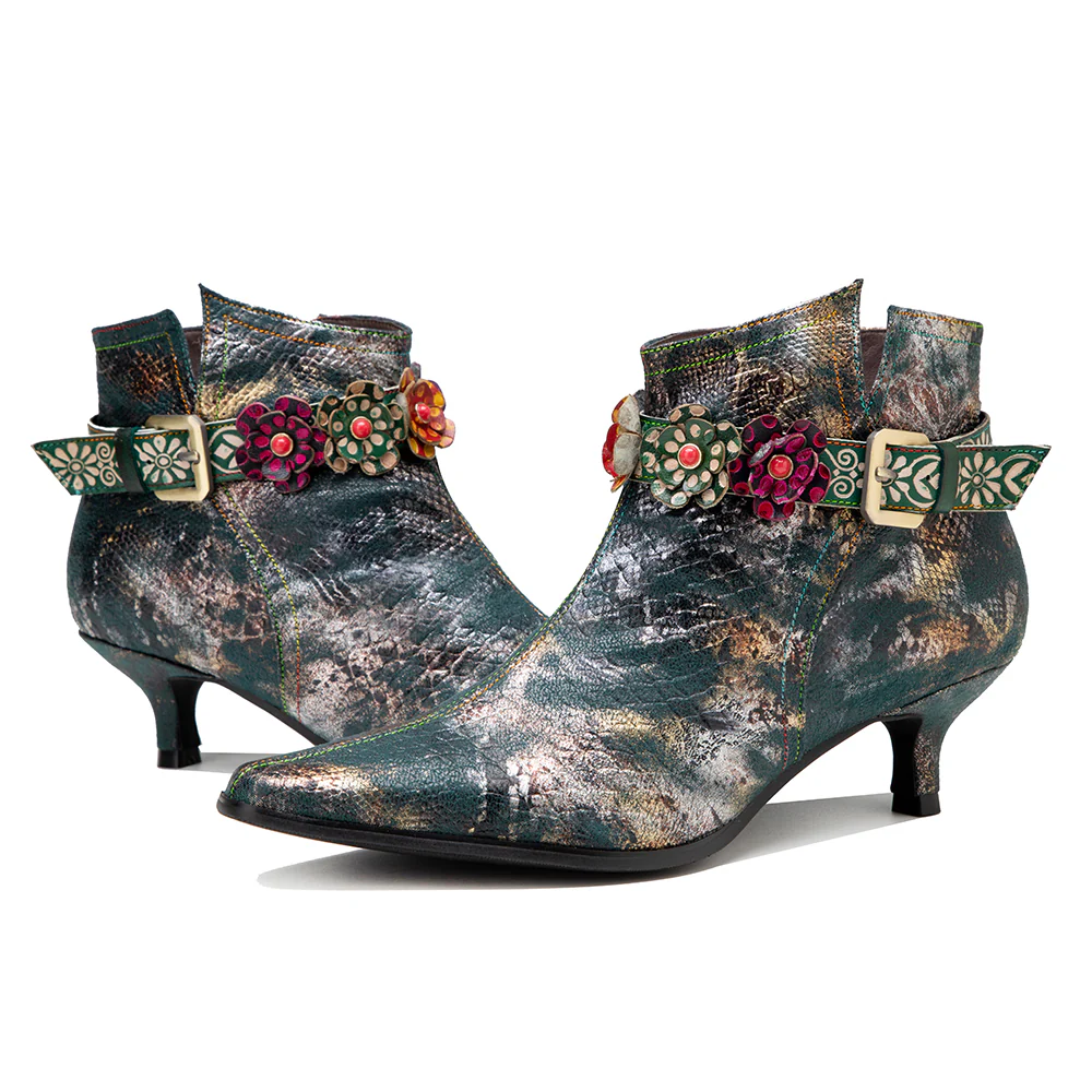 SOFFIA | SNAKE PATTERN EMBOSSED GREEN LEATHER KITTEN HEEL ANKLE BOOT - Image 9