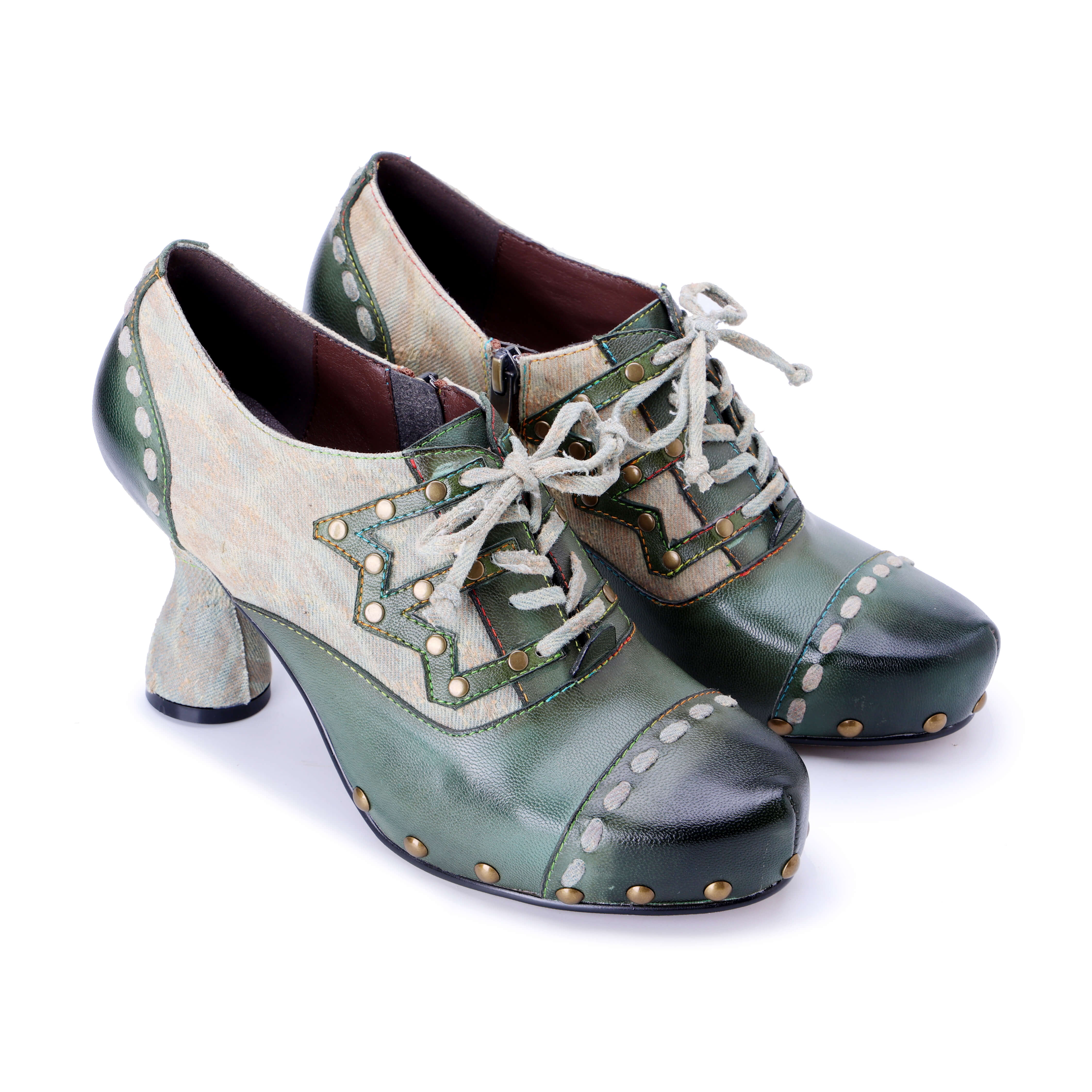 Soffia | Spring Breeze Studded Leather Canvas Brogues - Image 2