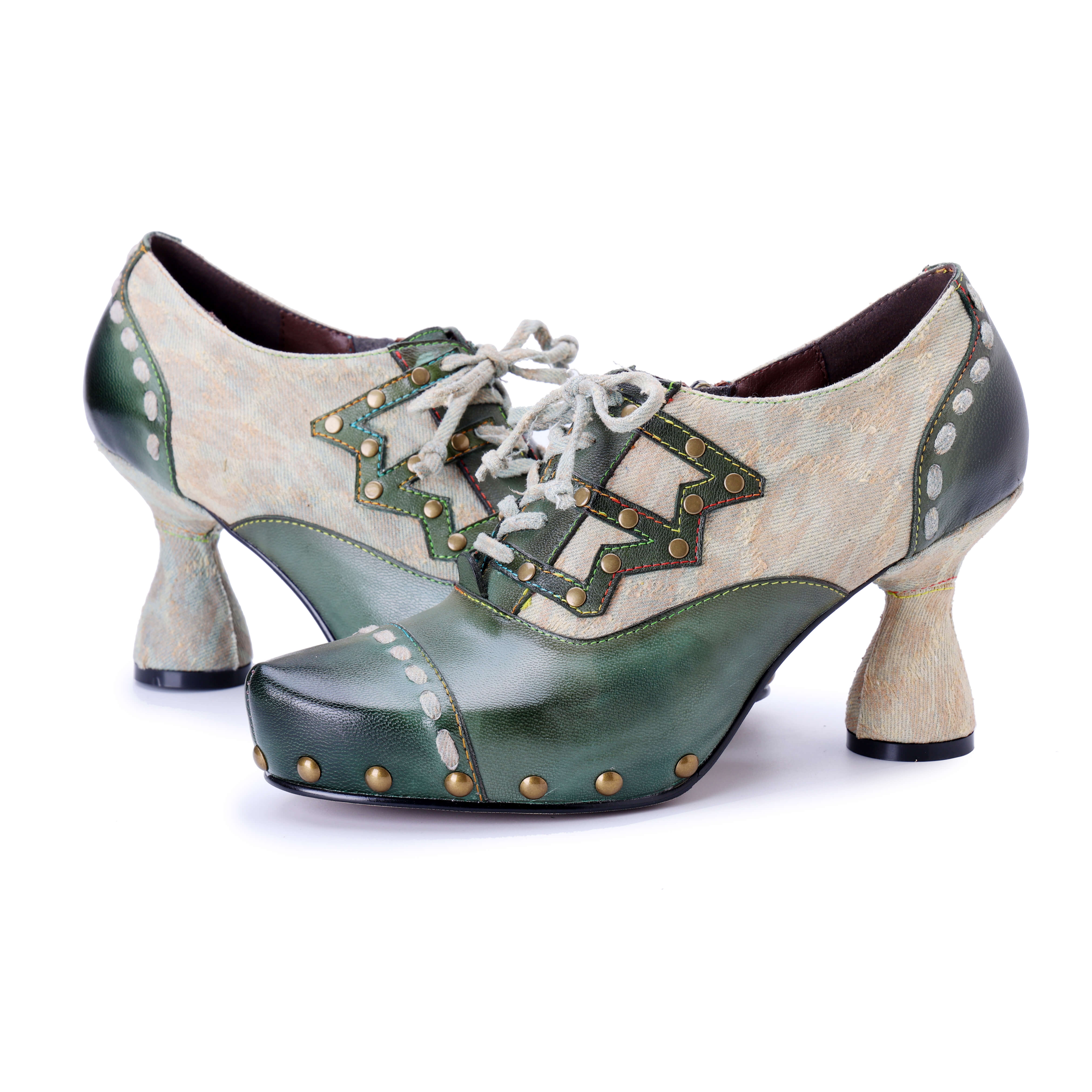 Soffia | Spring Breeze Studded Leather Canvas Brogues - Image 3