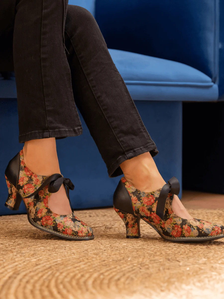 SOFFIA | STEFANIA FLORAL TIE BOW LACE-UP LEATHER PUMP - Image 9
