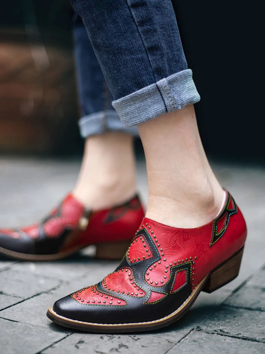 SOFFIA | Studded Red & Black Genuine Leather Loafers Pumps - Image 3