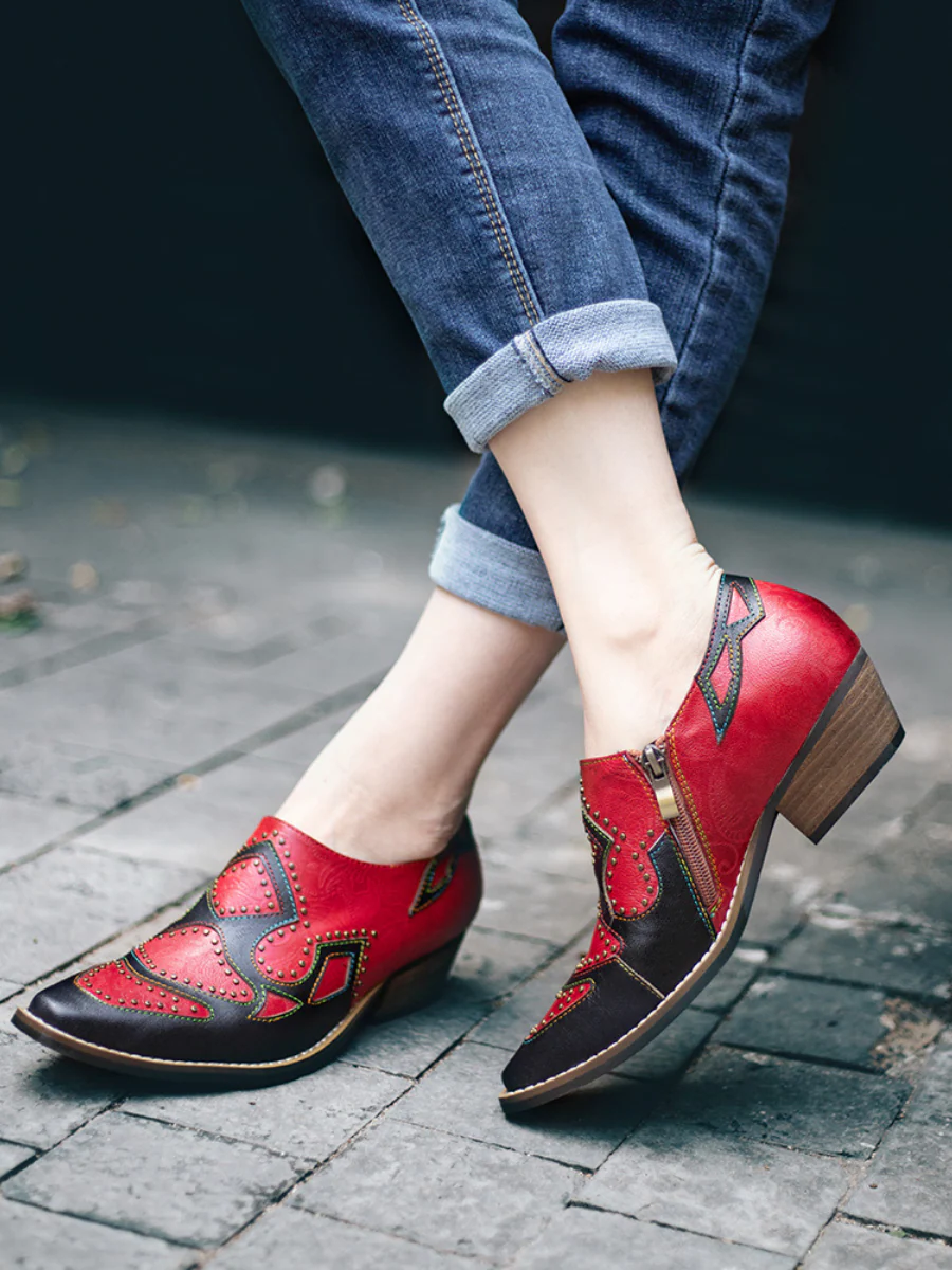 SOFFIA | Studded Red & Black Genuine Leather Loafers Pumps - Image 4