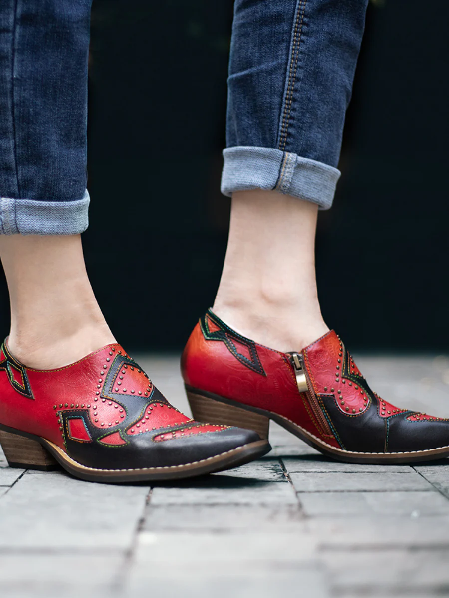 SOFFIA | Studded Red & Black Genuine Leather Loafers Pumps - Image 5