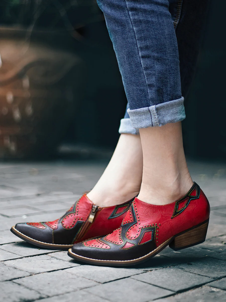 SOFFIA | Studded Red & Black Genuine Leather Loafers Pumps - Image 6