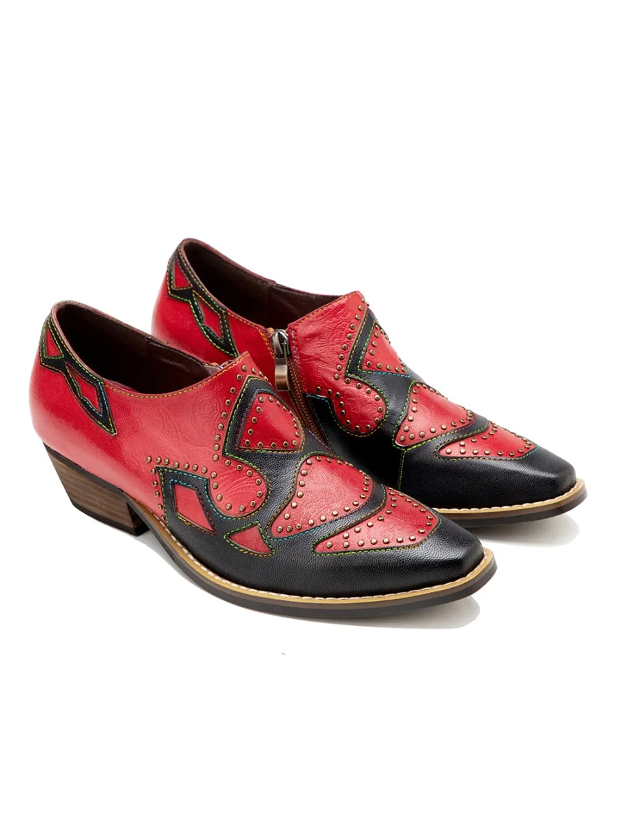 SOFFIA | Studded Red & Black Genuine Leather Loafers Pumps - Image 7