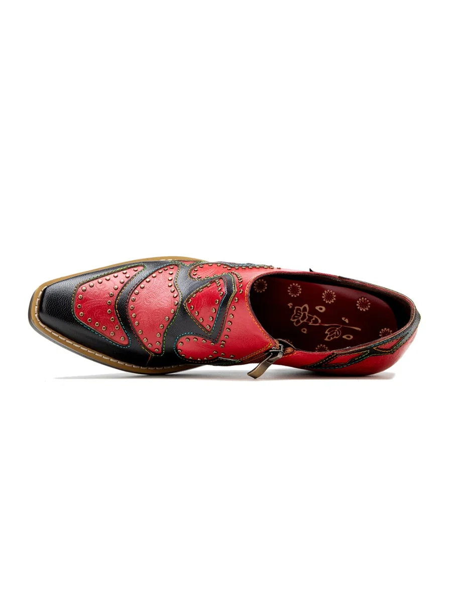 SOFFIA | Studded Red & Black Genuine Leather Loafers Pumps - Image 8