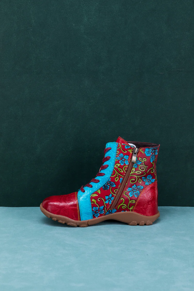 SOFFIA | SWIRL FLORAL EMBOSSED LACE UP LEATHER COMBAT BOOT - Image 10