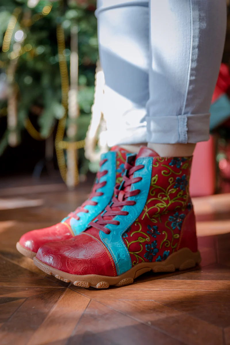 SOFFIA | SWIRL FLORAL EMBOSSED LACE UP LEATHER COMBAT BOOT - Image 3