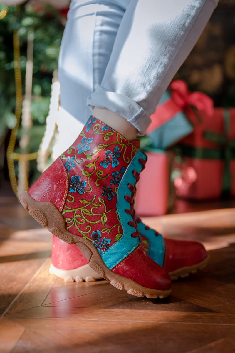 SOFFIA | SWIRL FLORAL EMBOSSED LACE UP LEATHER COMBAT BOOT - Image 4