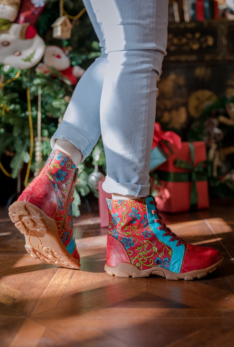 SOFFIA | SWIRL FLORAL EMBOSSED LACE UP LEATHER COMBAT BOOT - Image 6