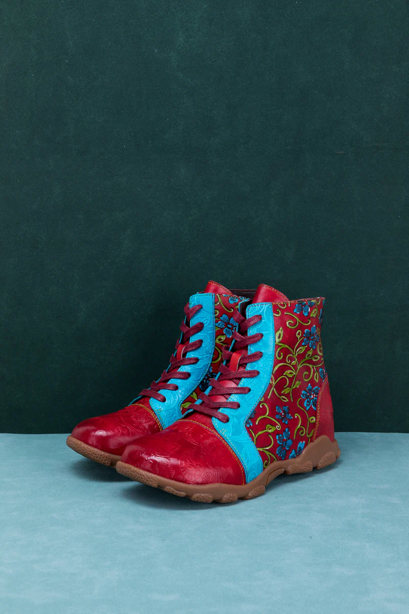 SOFFIA | SWIRL FLORAL EMBOSSED LACE UP LEATHER COMBAT BOOT - Image 7